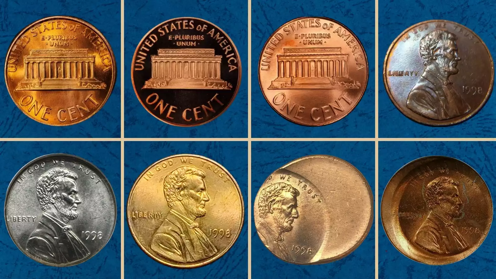 1998 Lincoln penny grading strip showing conditions from heavily worn to gem uncirculated with grade labels