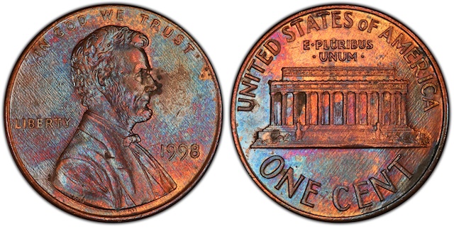 Side-by-side comparison of 1998 Common Close AM penny versus Wide AM penny showing letter spacing difference in AMERICA