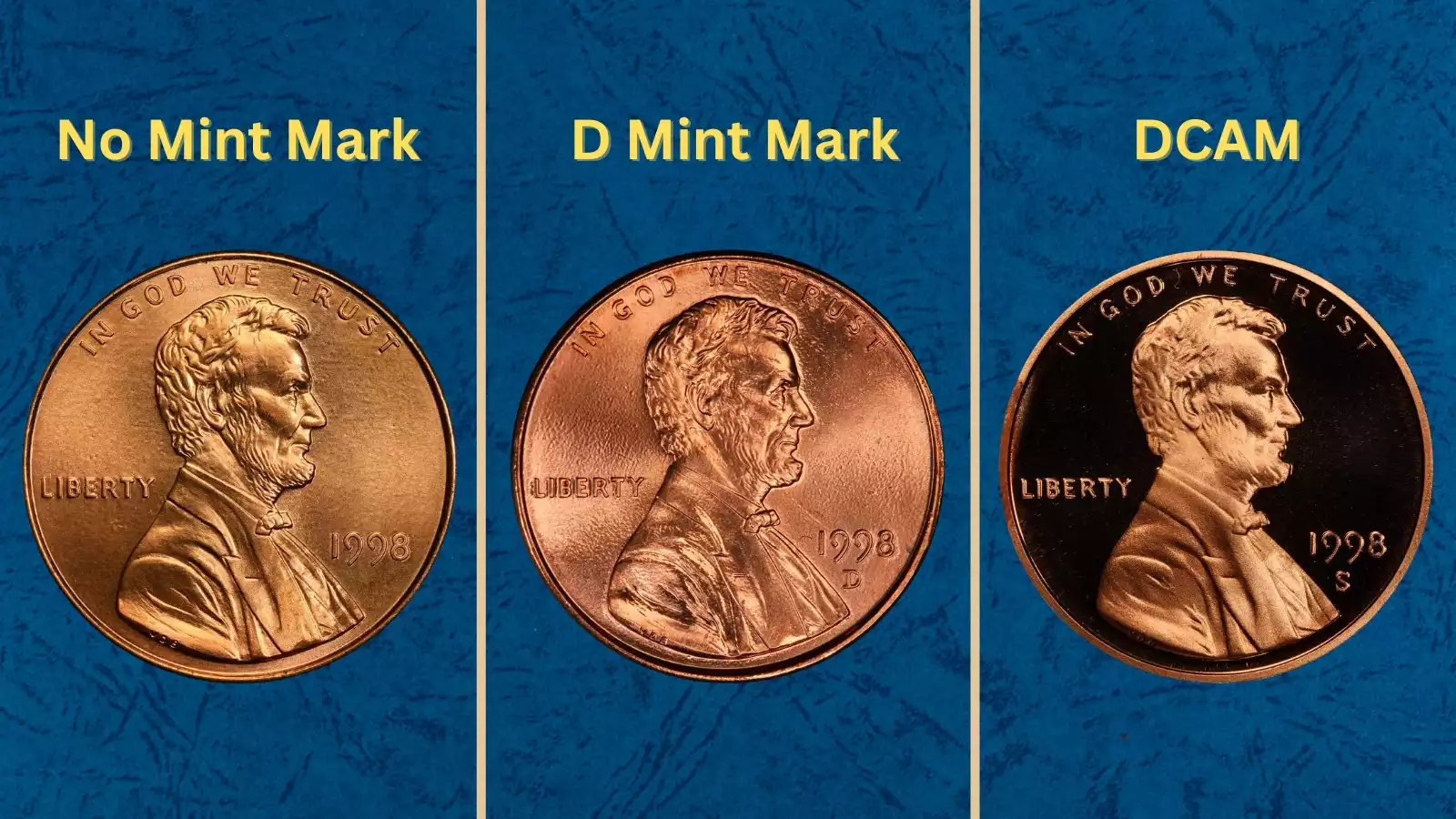 1998 Lincoln Memorial penny production — representative set of 1998-P, 1998-D, and 1998-S proof specimens from all three mints